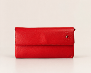 Chanel Red Grained Leather Camellia Wallet On Chain